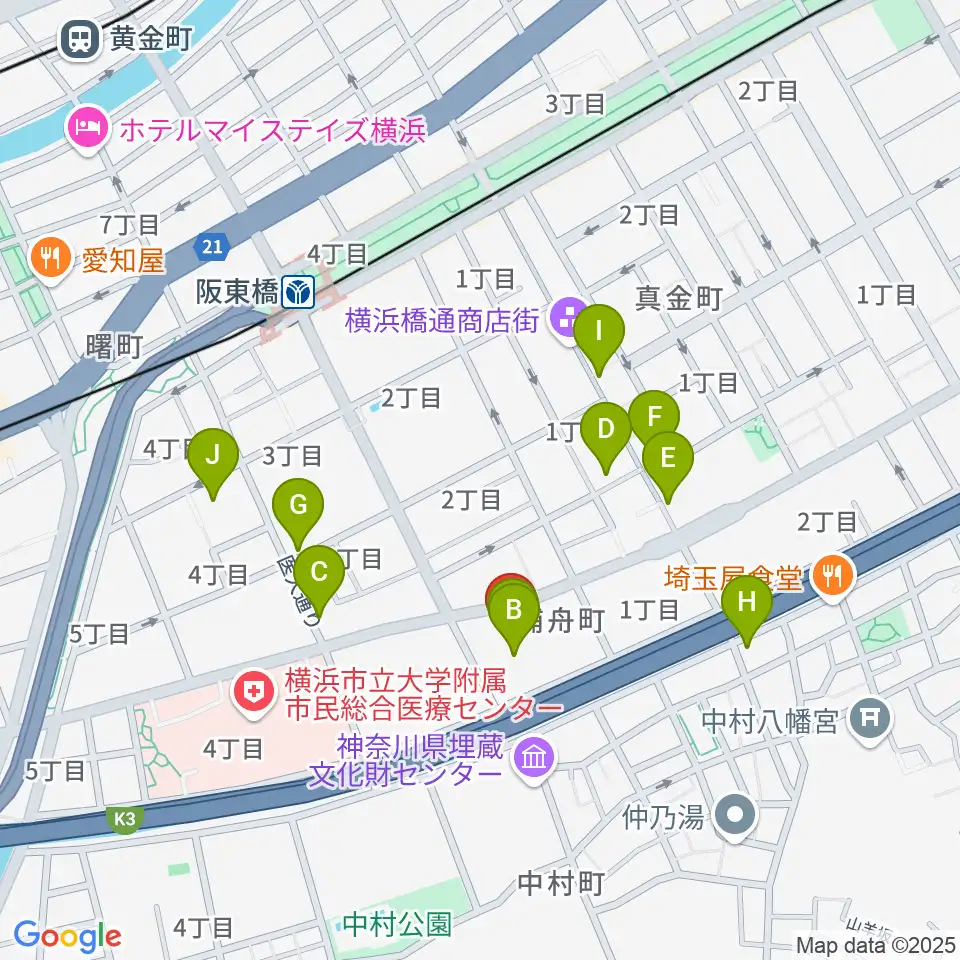 横浜市南公会堂 みなみん周辺のカフェ一覧地図