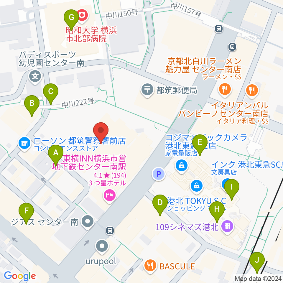 都筑公会堂周辺のカフェ一覧地図