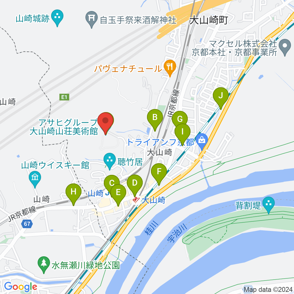 アサヒビール大山崎山荘美術館周辺のカフェ一覧地図