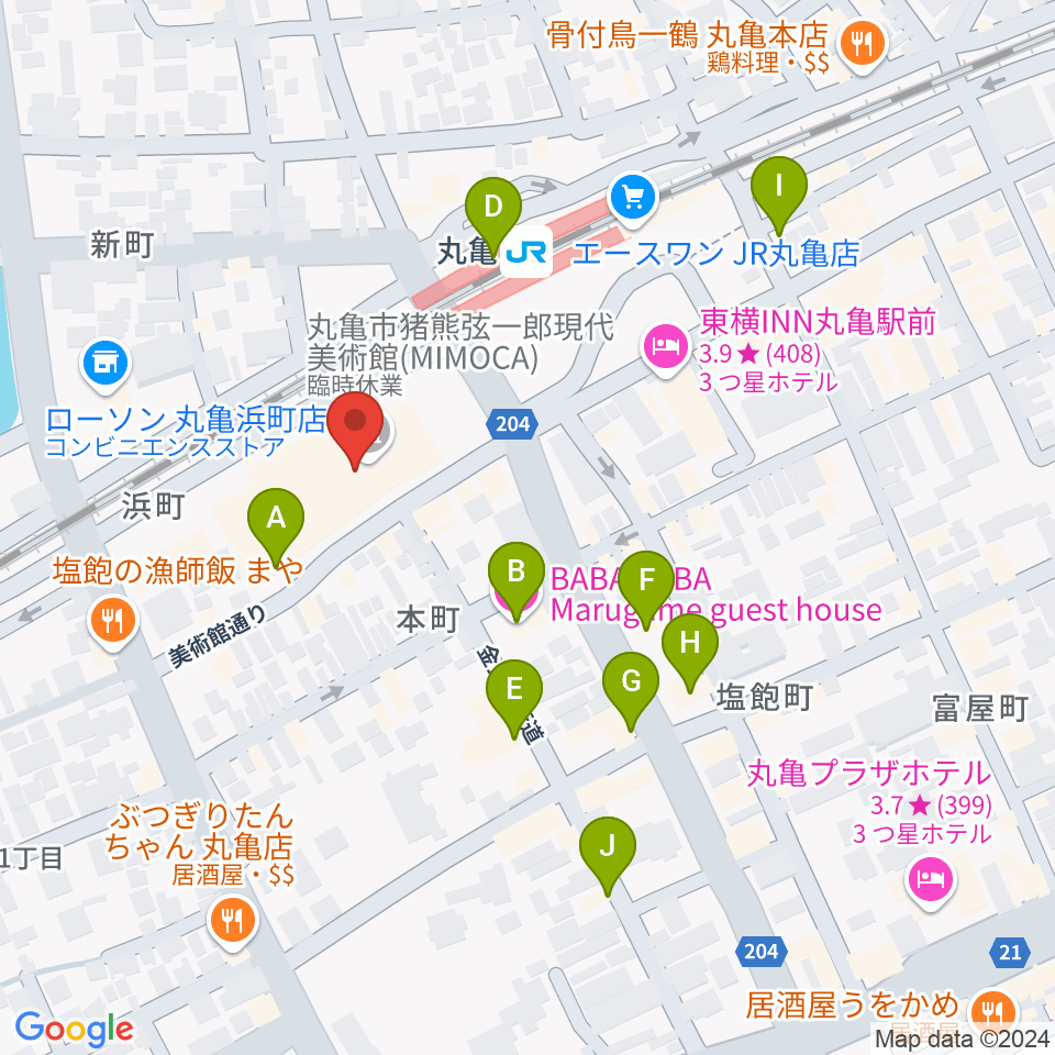 丸亀市猪熊弦一郎現代美術館（MIMOCA）周辺のカフェ一覧地図