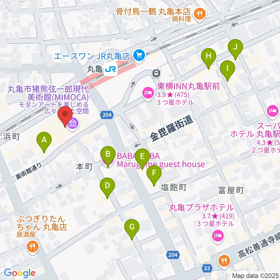 丸亀市猪熊弦一郎現代美術館(MIMOCA)周辺のカフェ一覧地図