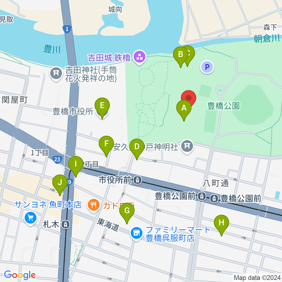 豊橋市美術博物館周辺のカフェ一覧地図