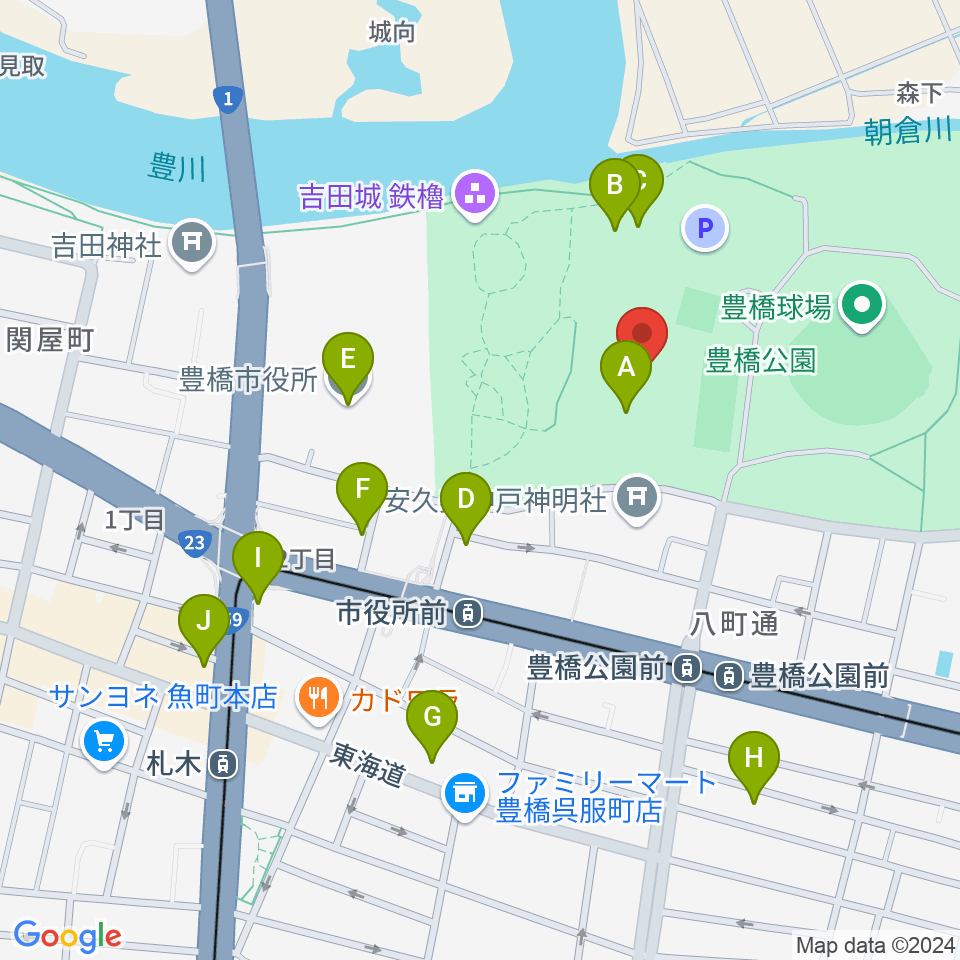 豊橋市美術博物館周辺のカフェ一覧地図