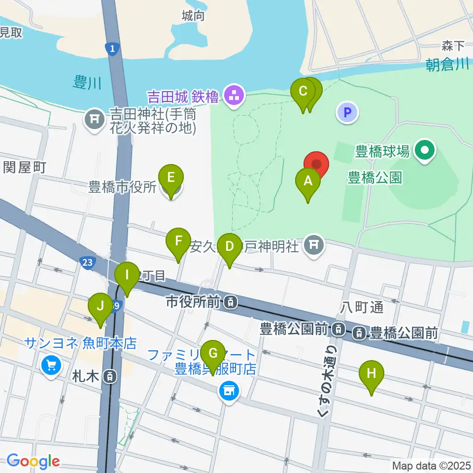 豊橋市美術博物館周辺のカフェ一覧地図