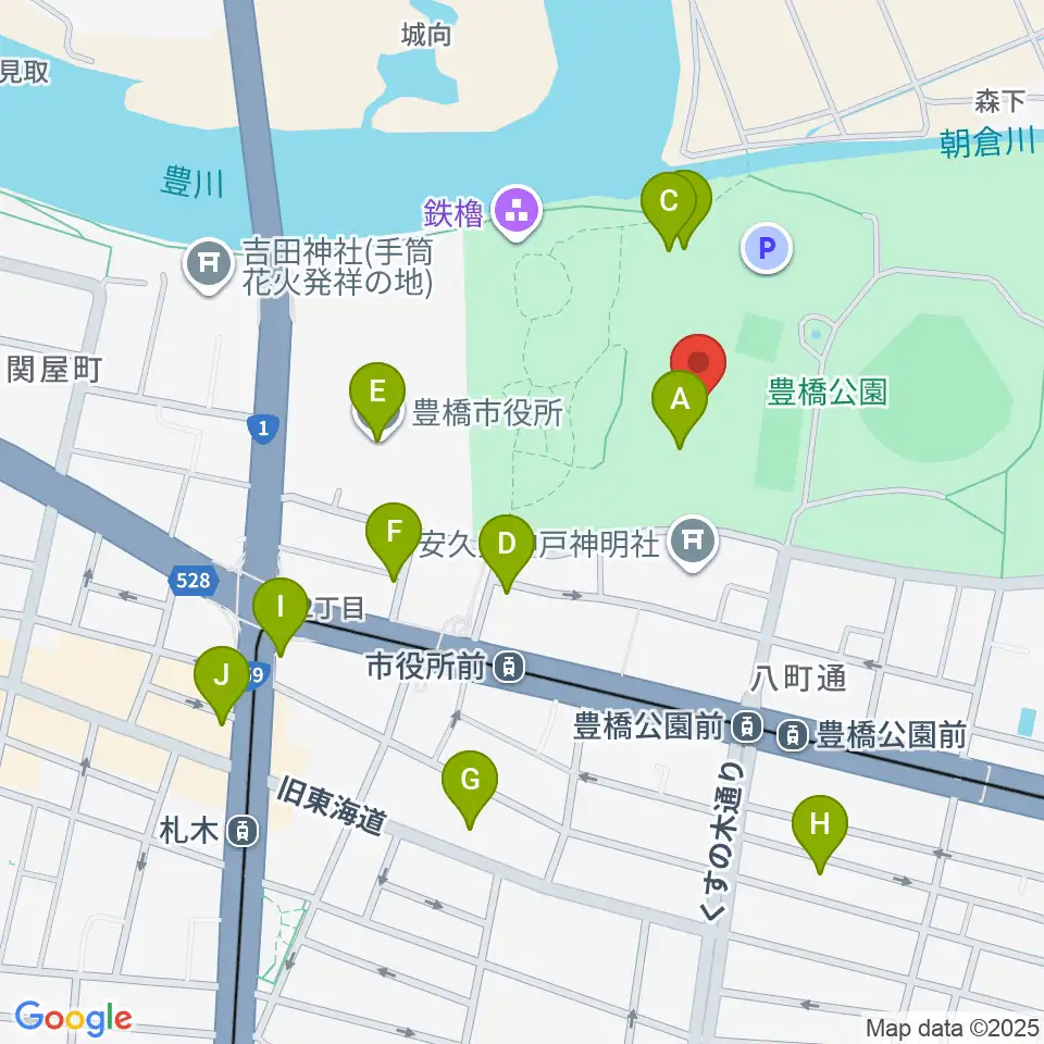 豊橋市美術博物館周辺のカフェ一覧地図