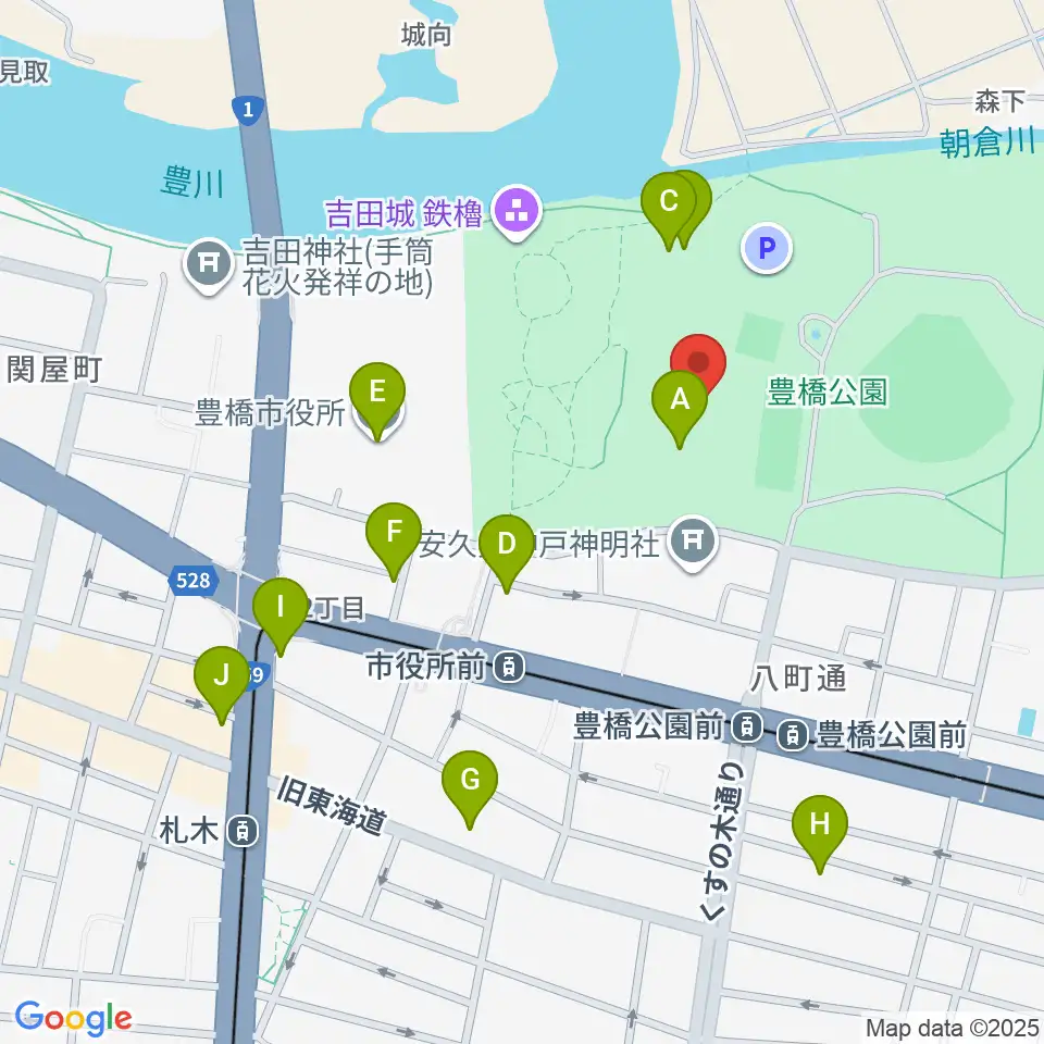 豊橋市美術博物館周辺のカフェ一覧地図