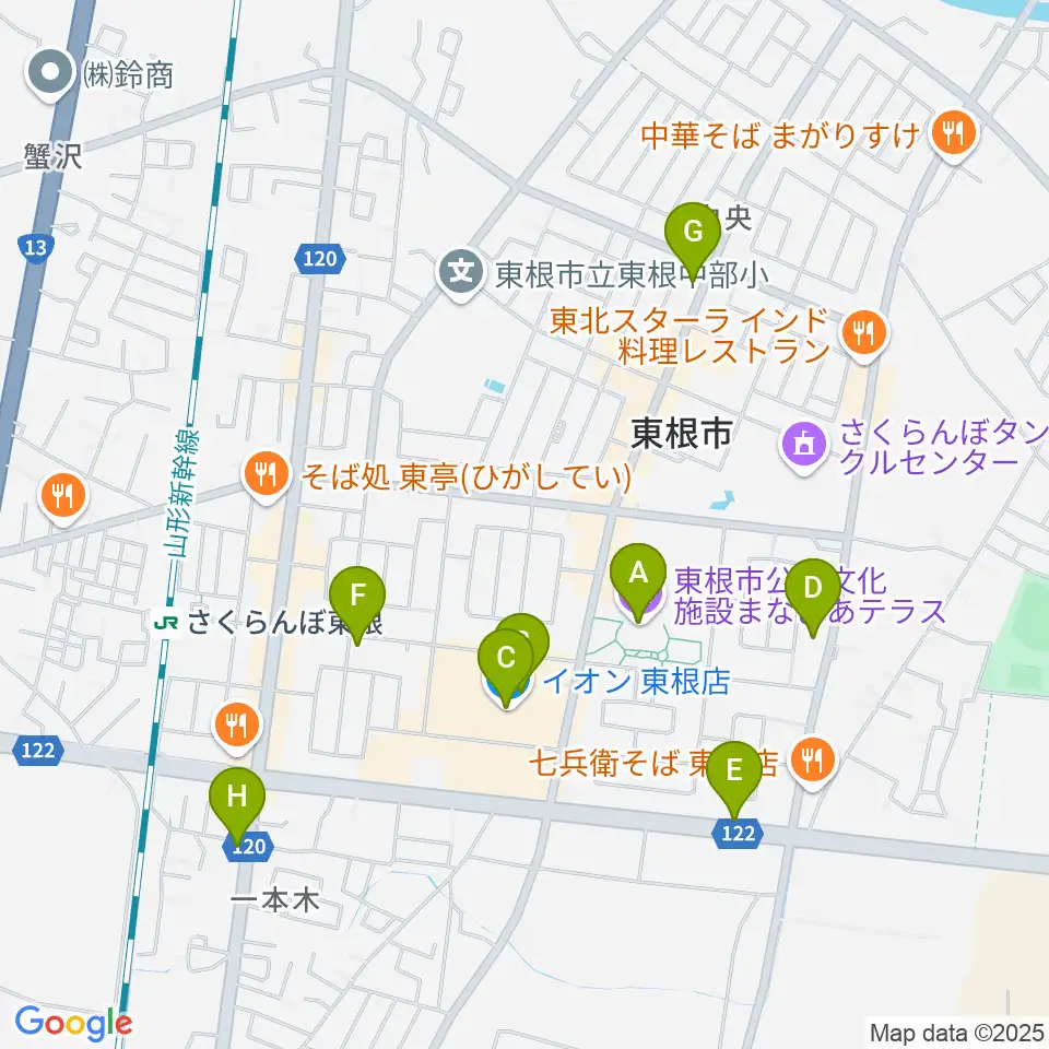 東根市美術館 まなびあテラス周辺のカフェ一覧地図
