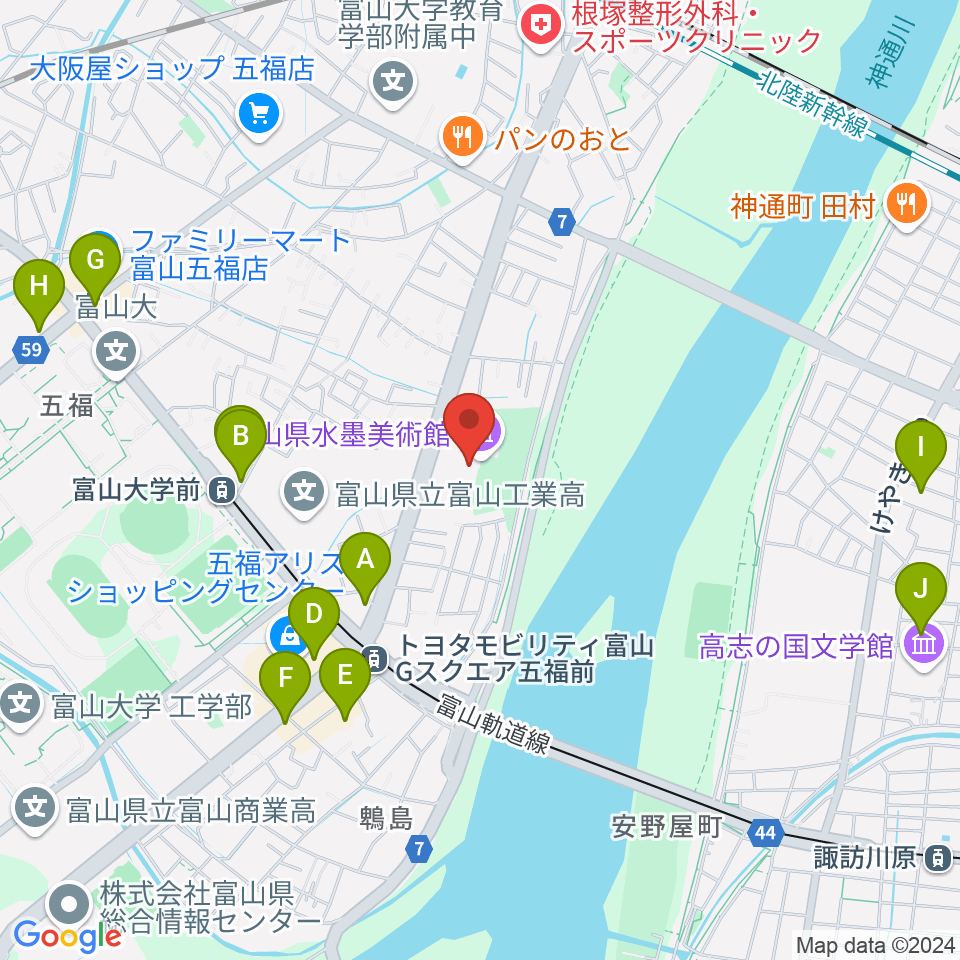 富山県水墨美術館周辺のカフェ一覧地図