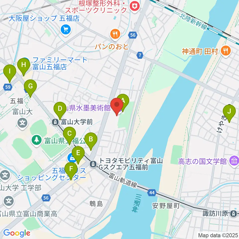 富山県水墨美術館周辺のカフェ一覧地図