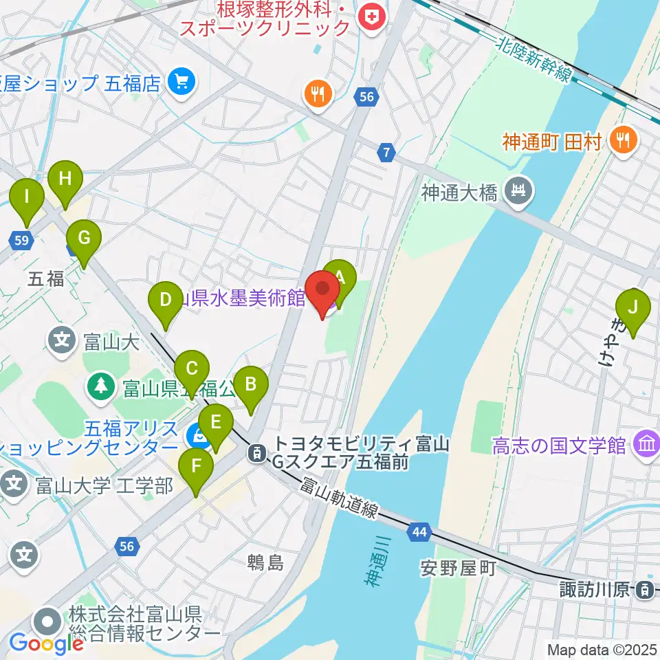 富山県水墨美術館周辺のカフェ一覧地図