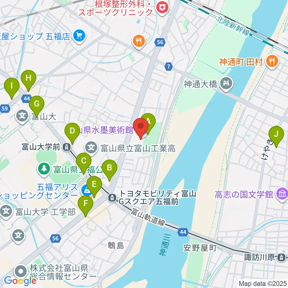 富山県水墨美術館周辺のカフェ一覧地図
