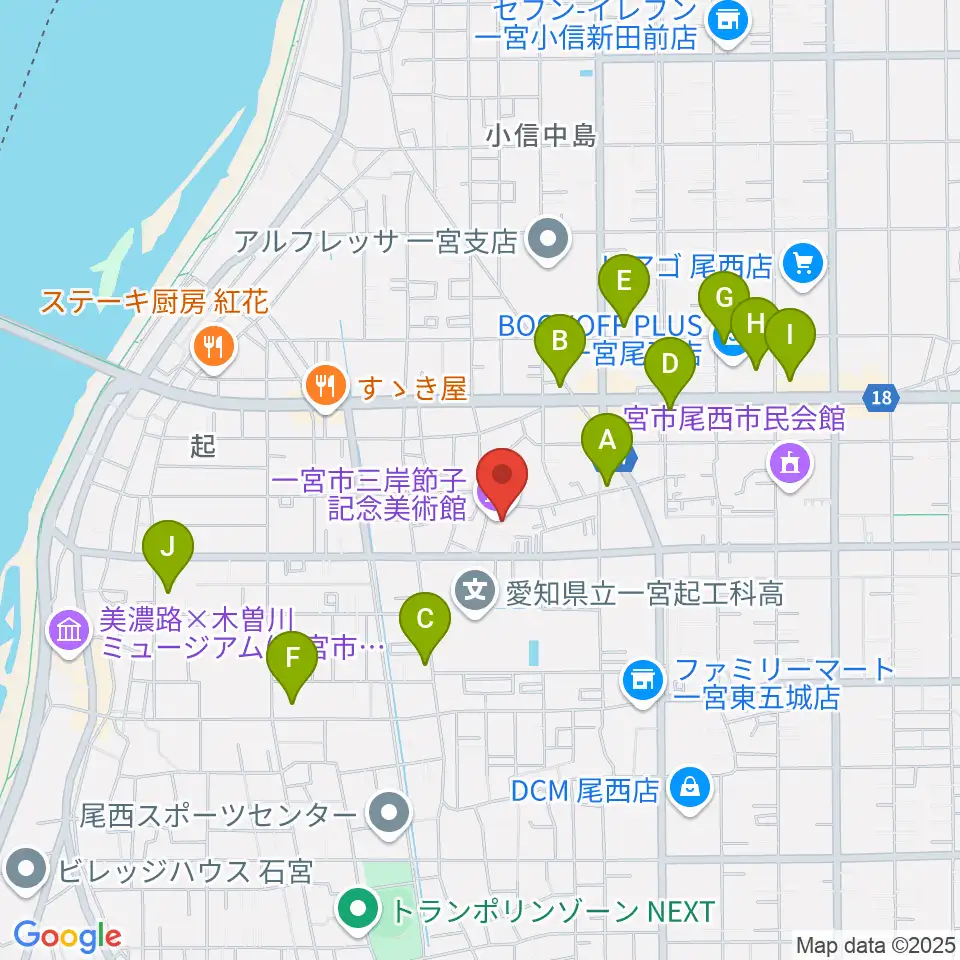 一宮市三岸節子記念美術館周辺のカフェ一覧地図