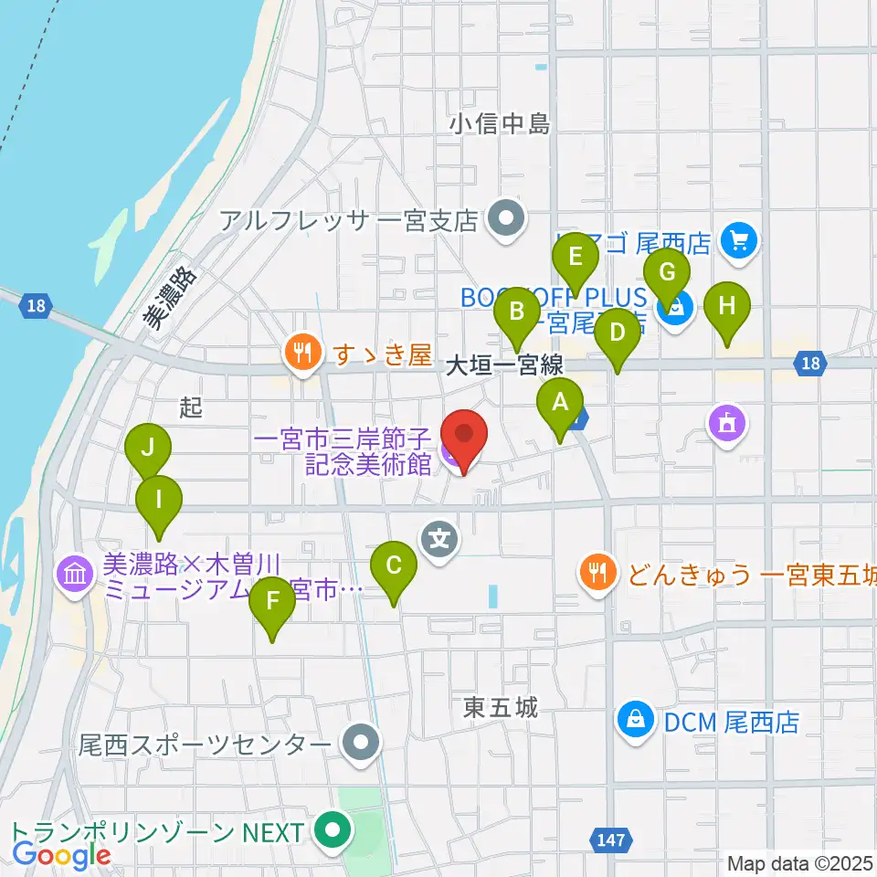 一宮市三岸節子記念美術館周辺のカフェ一覧地図