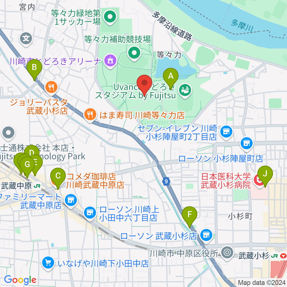 川崎市等々力球場周辺のカフェ一覧地図