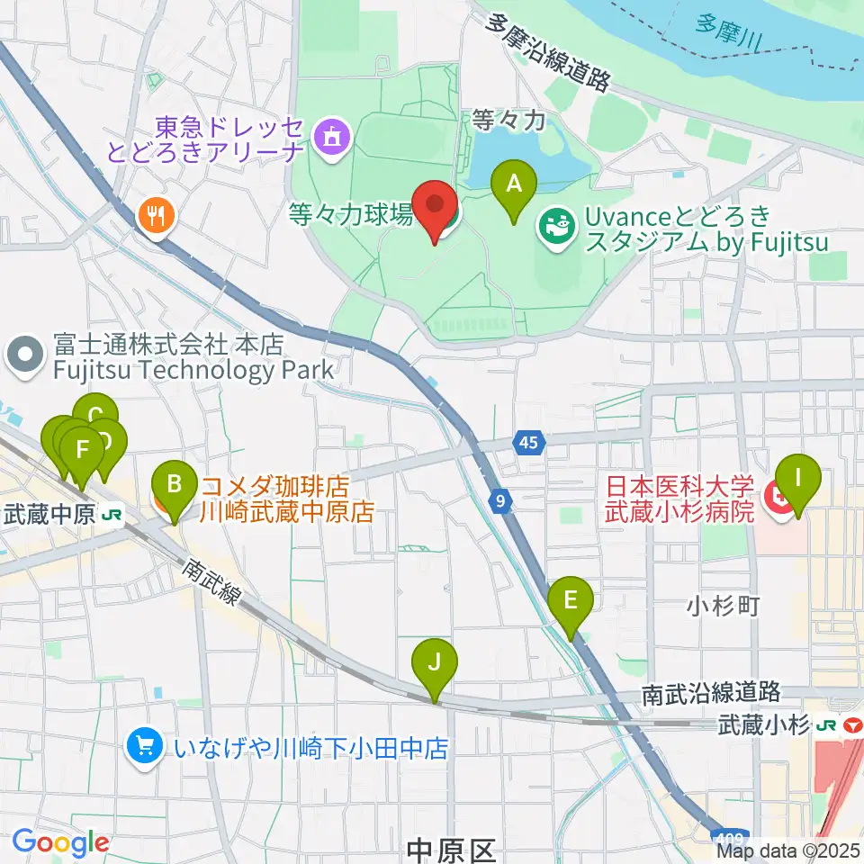 川崎市等々力球場周辺のカフェ一覧地図