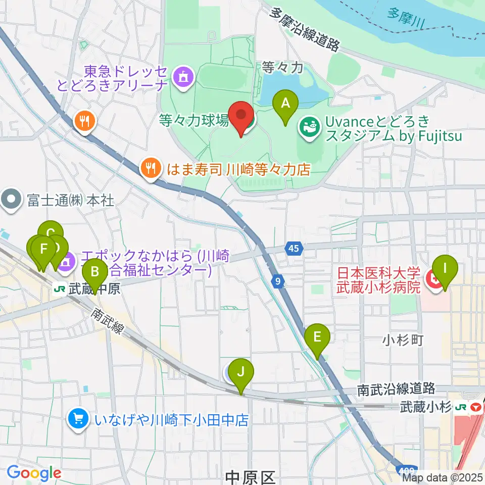 川崎市等々力球場周辺のカフェ一覧地図