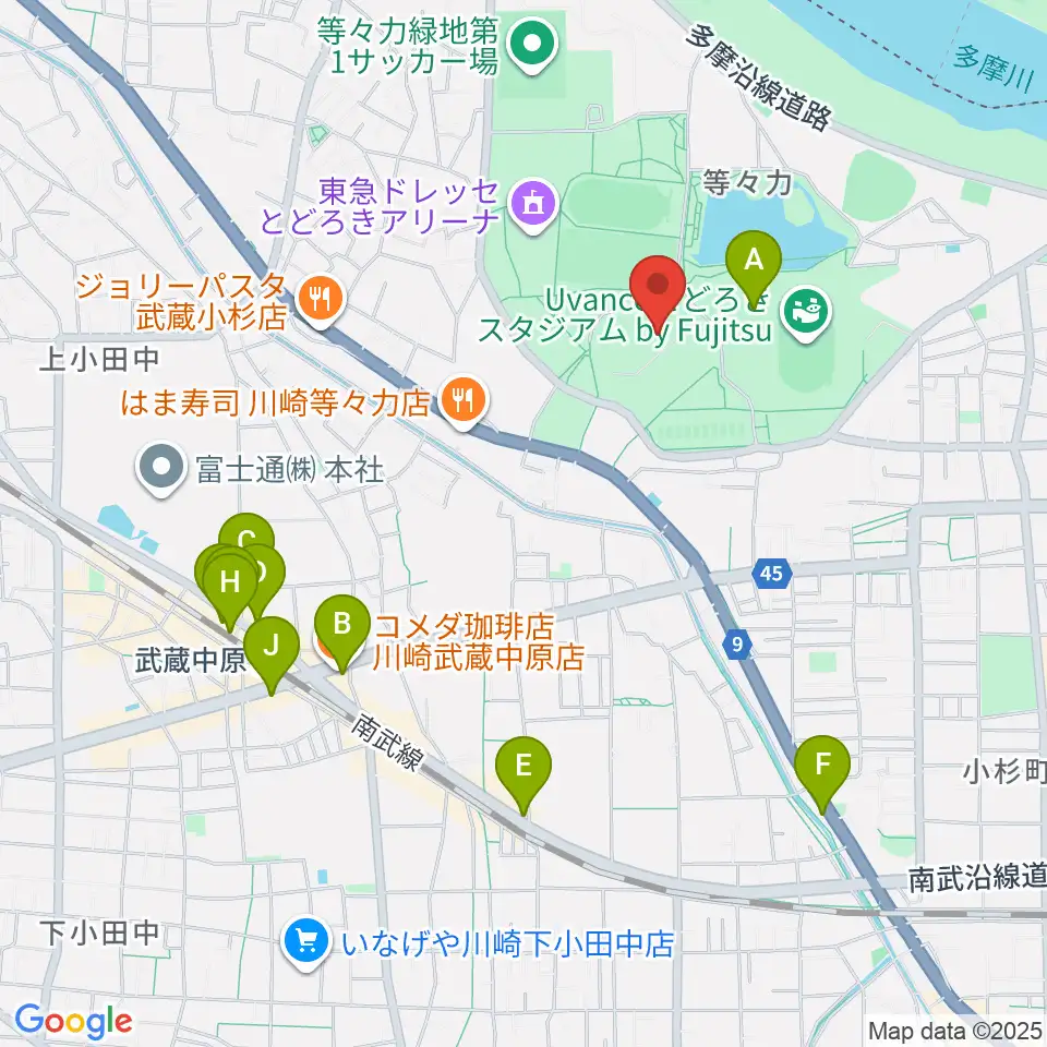 川崎市等々力球場周辺のカフェ一覧地図