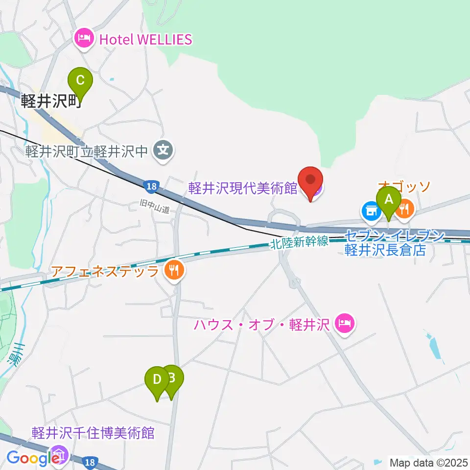 軽井沢現代美術館周辺のカフェ一覧地図