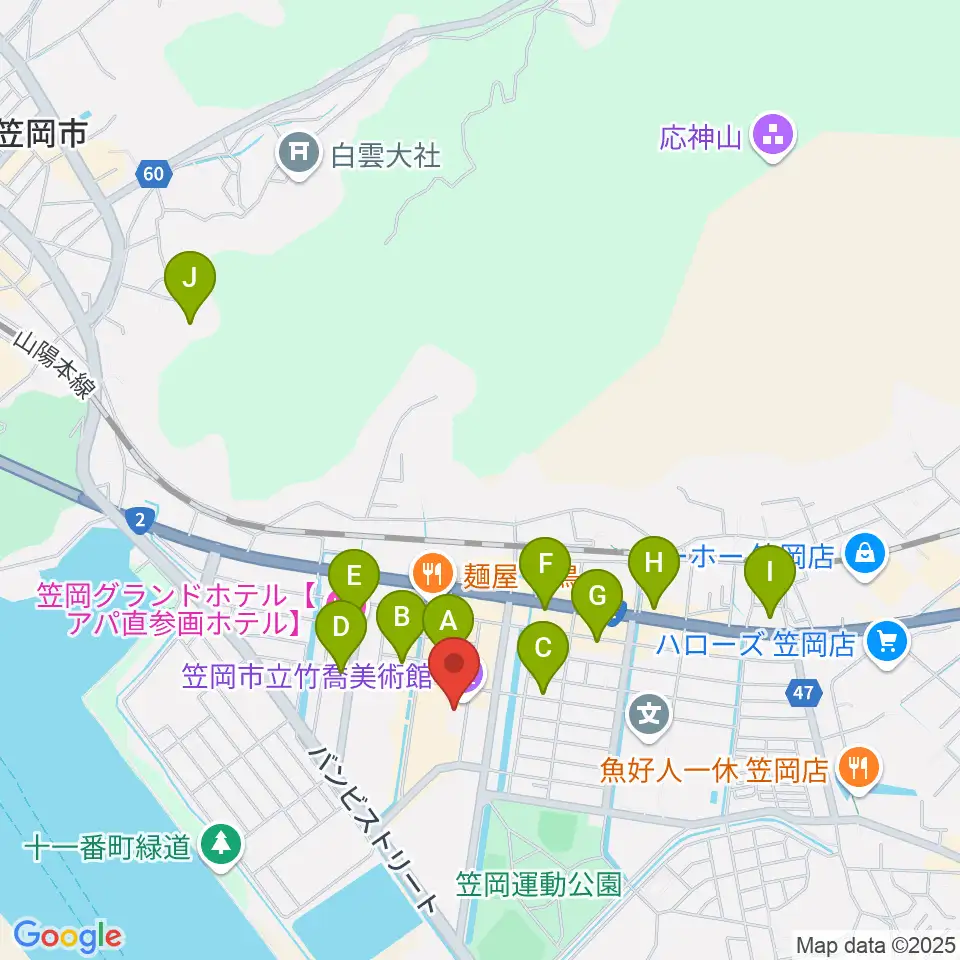 笠岡市立竹喬美術館周辺のカフェ一覧地図