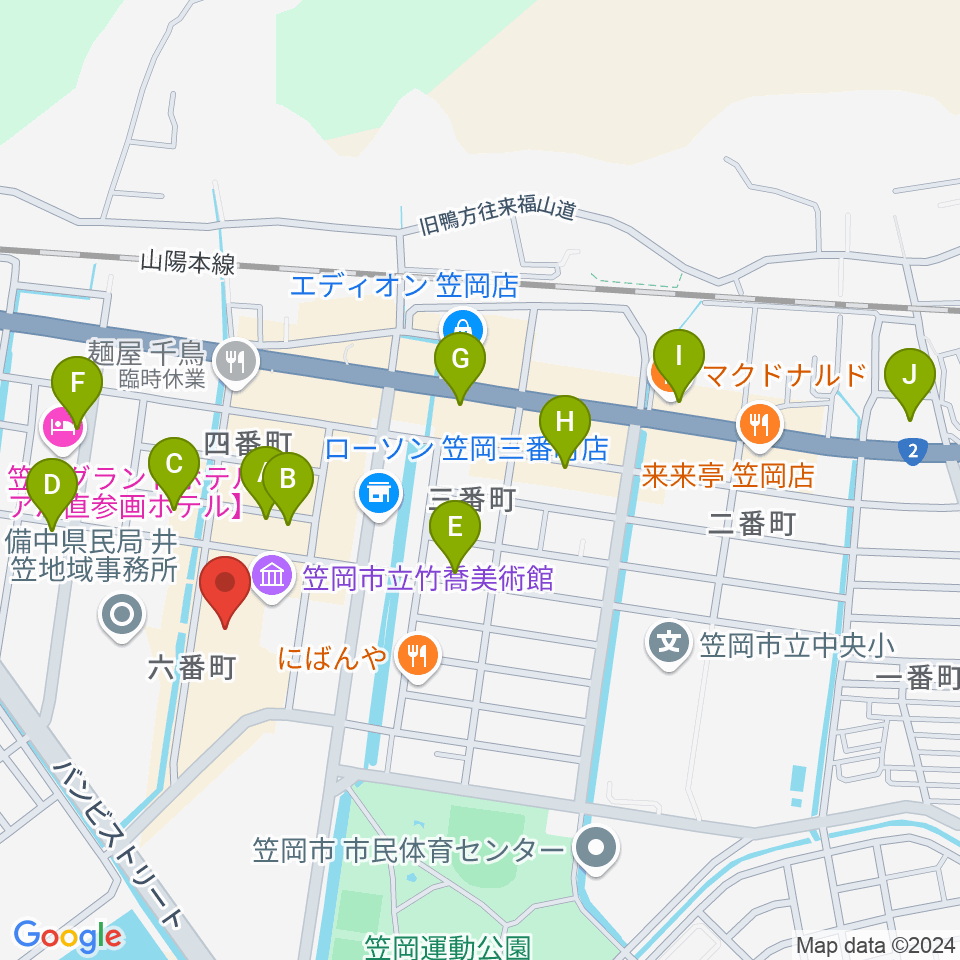 笠岡市民会館周辺のカフェ一覧地図