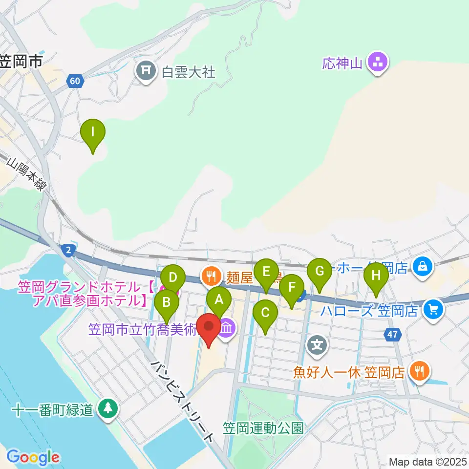 笠岡市民会館周辺のカフェ一覧地図