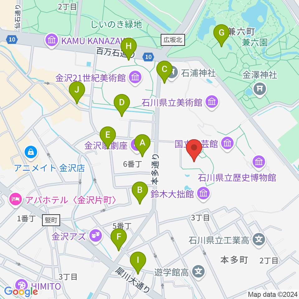 金沢市立中村記念美術館周辺のカフェ一覧地図