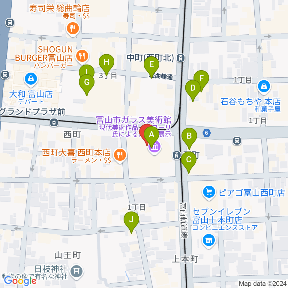 富山市ガラス美術館周辺のカフェ一覧地図