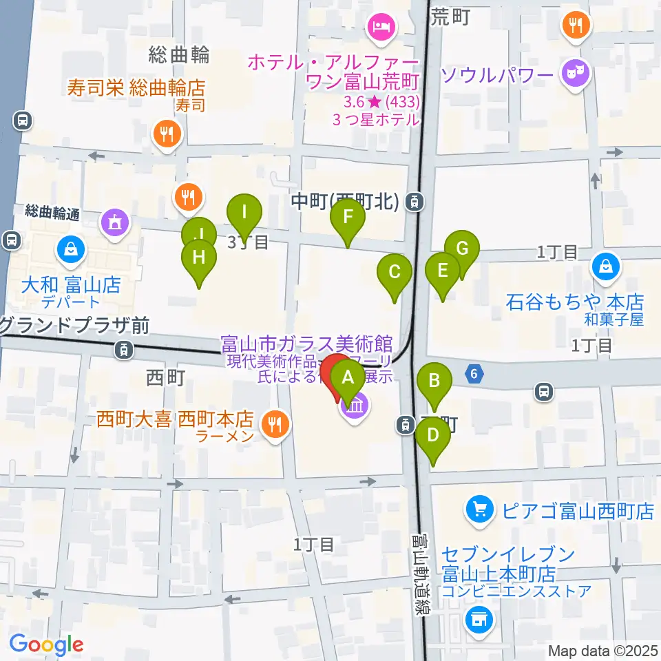富山市ガラス美術館周辺のカフェ一覧地図
