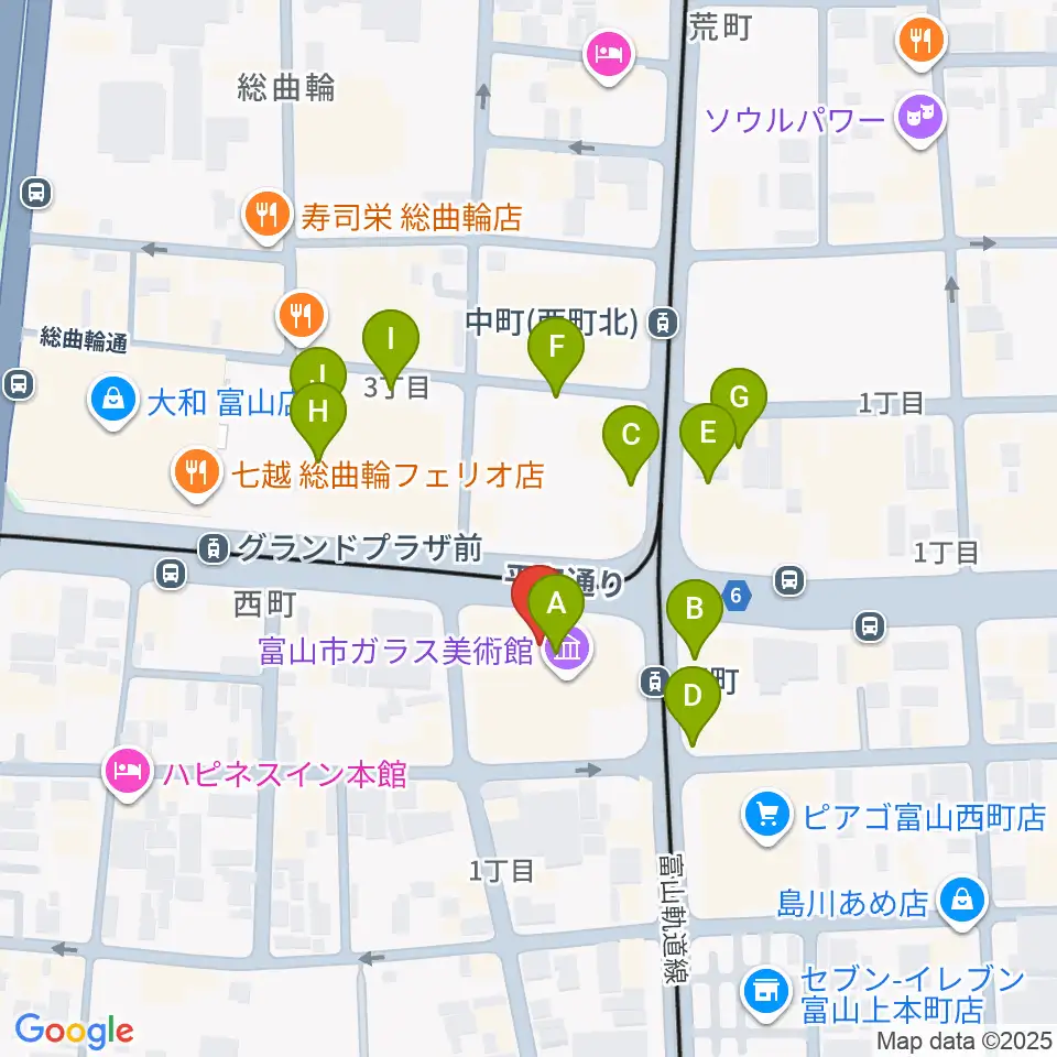 富山市ガラス美術館周辺のカフェ一覧地図