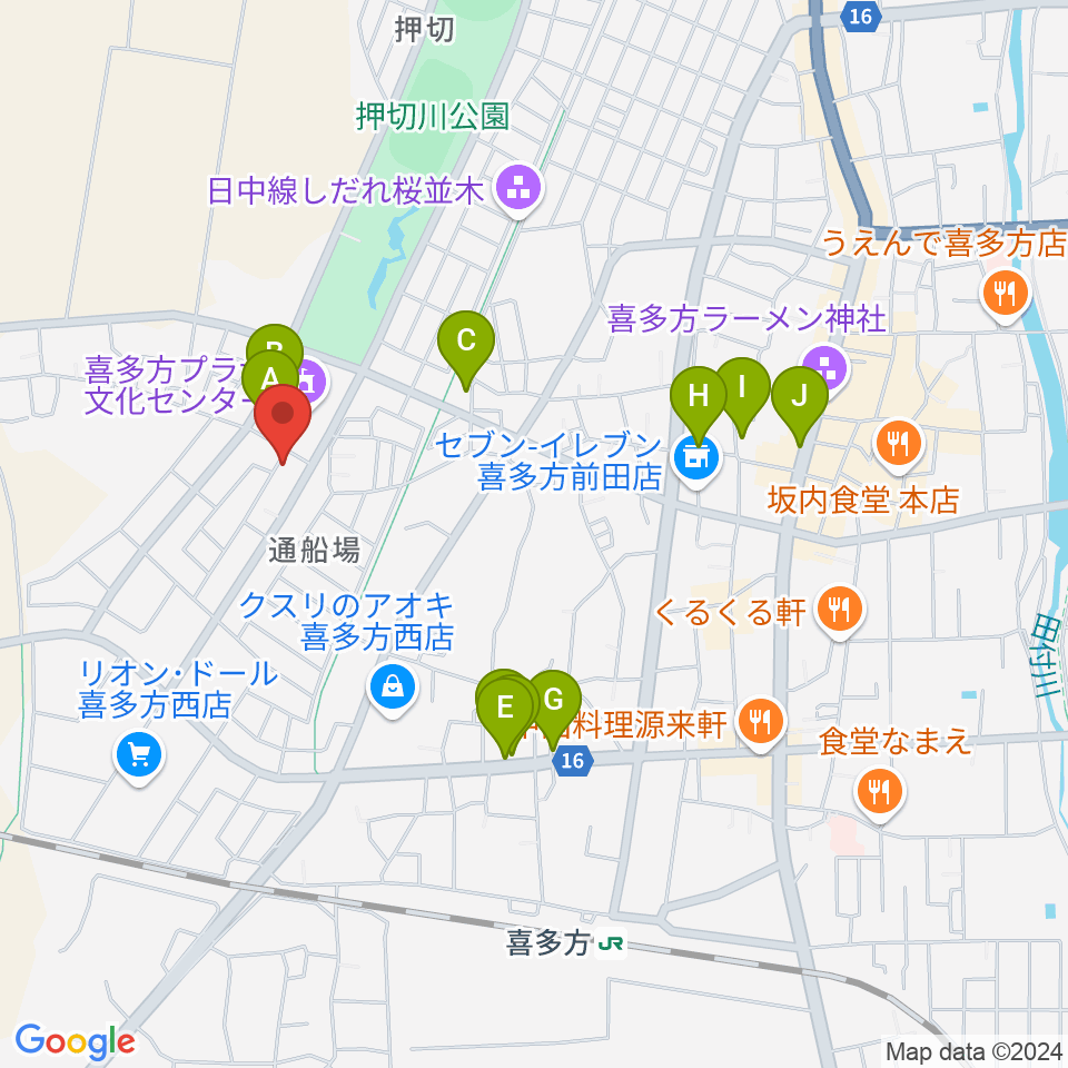 喜多方市美術館周辺のカフェ一覧地図