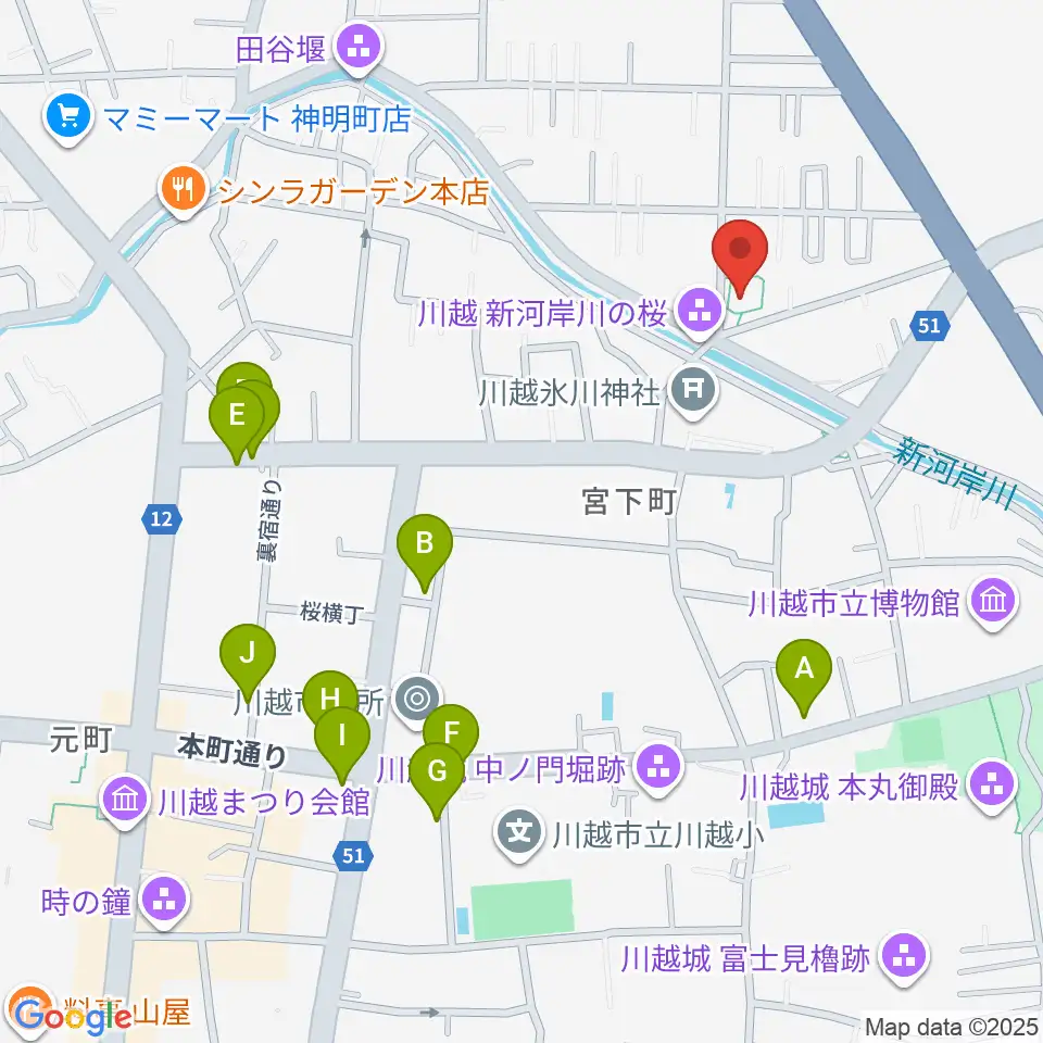 ヤオコー川越美術館（三栖右嗣記念館）周辺のカフェ一覧地図