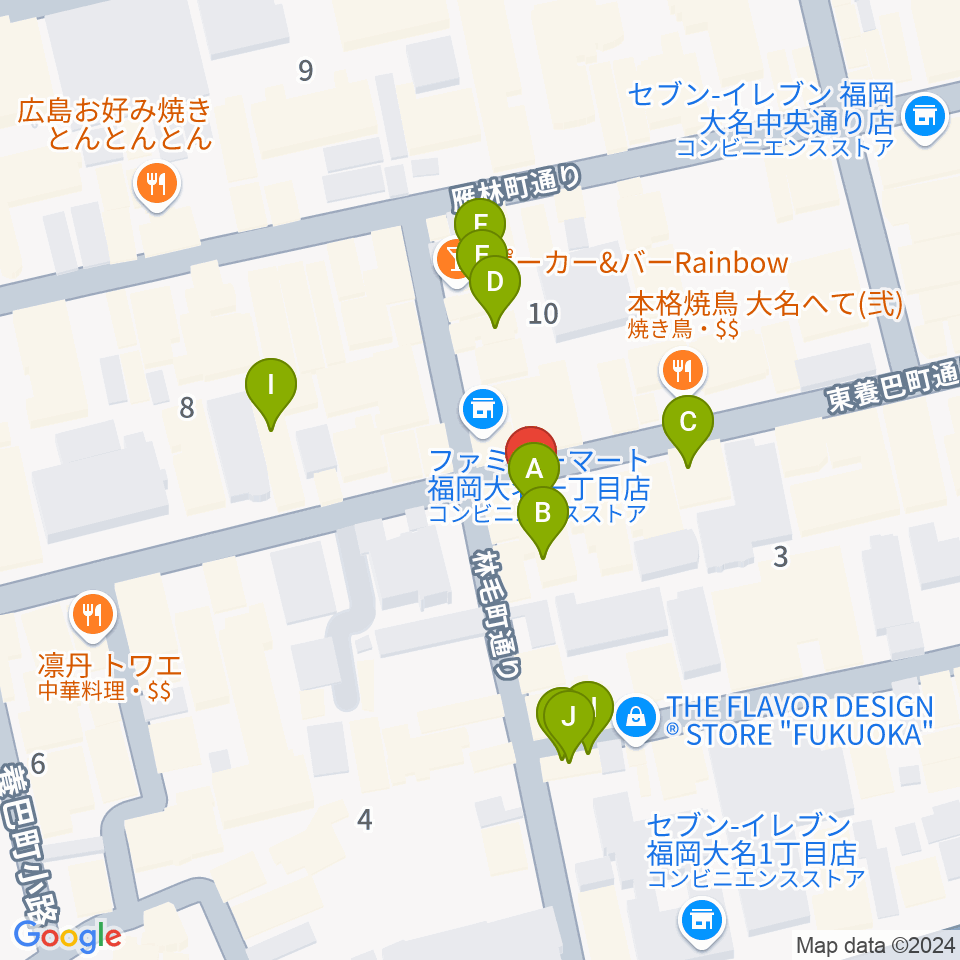 福岡大名ライブハウス秘密周辺のカフェ一覧地図