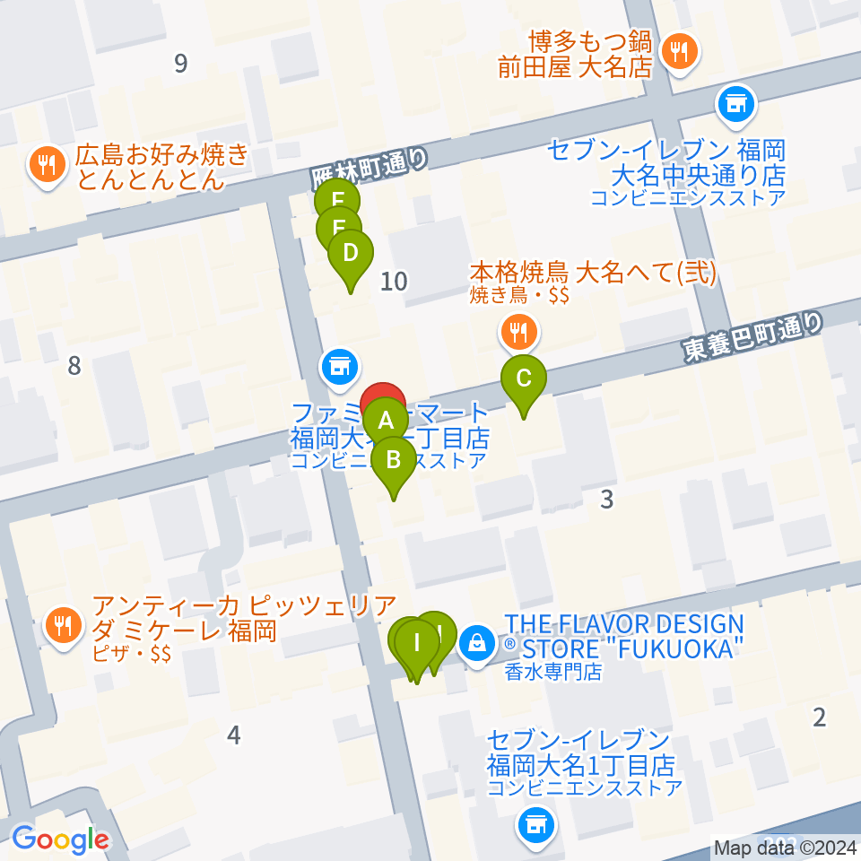 福岡大名ライブハウス秘密周辺のカフェ一覧地図