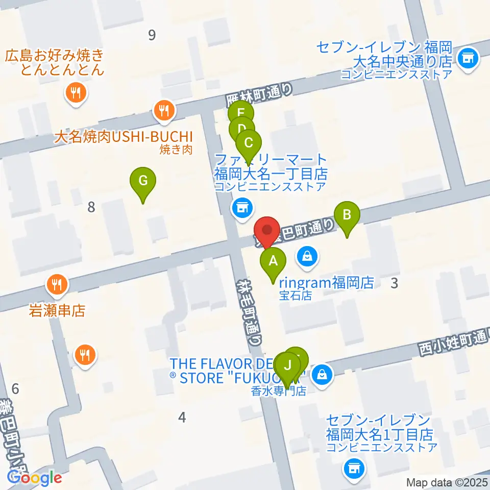 福岡大名ライブハウス秘密周辺のカフェ一覧地図