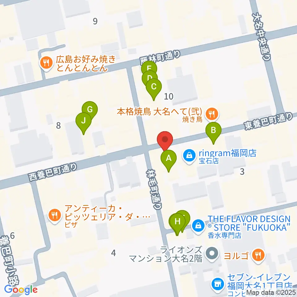 福岡大名ライブハウス秘密周辺のカフェ一覧地図