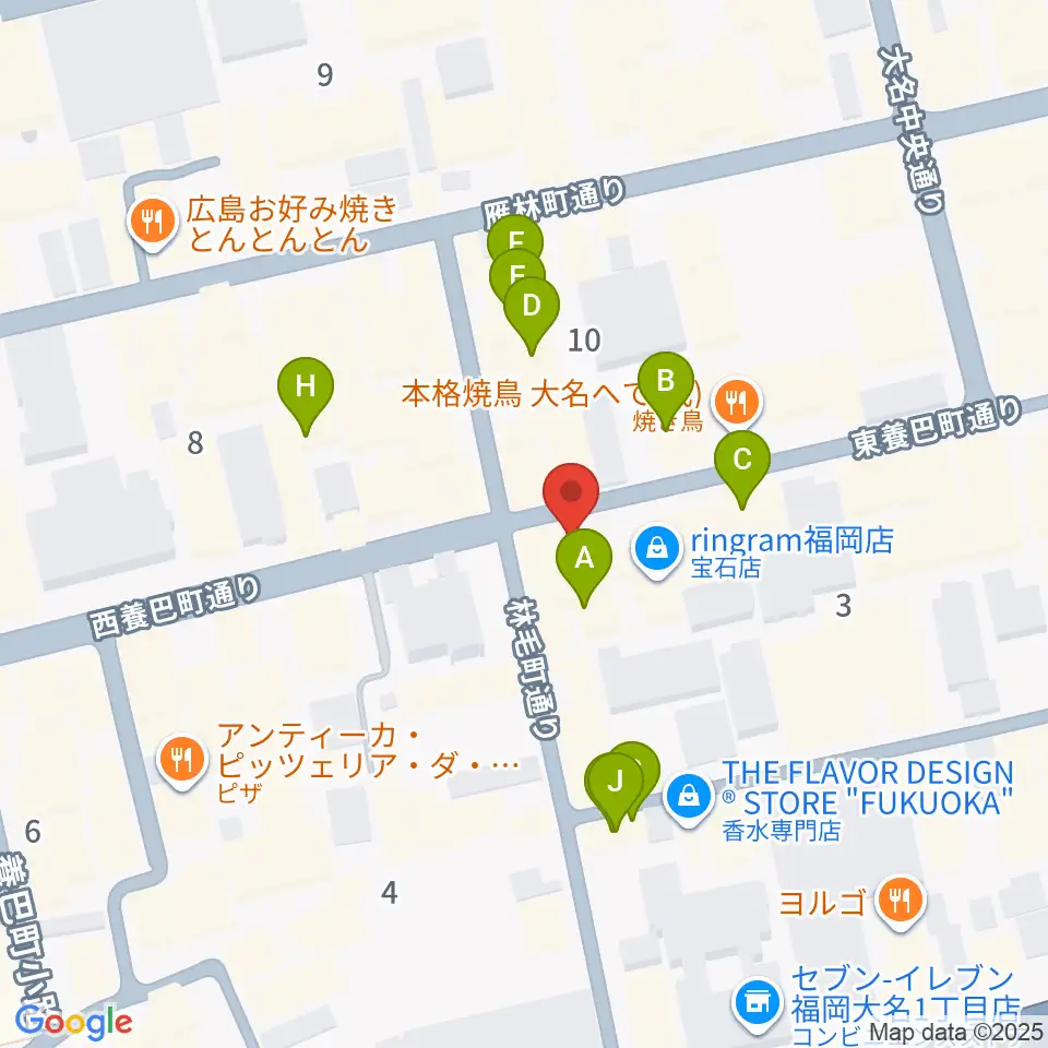 福岡大名ライブハウス秘密周辺のカフェ一覧地図