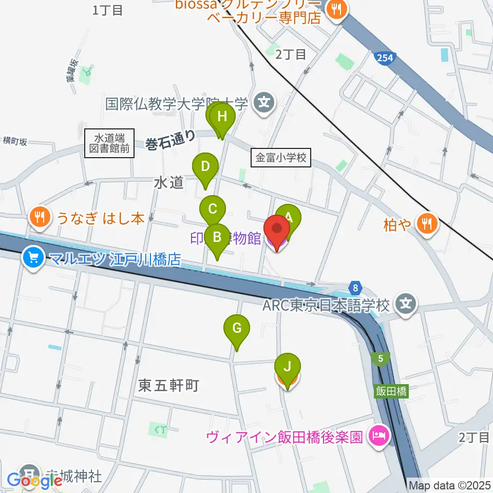 印刷博物館周辺のカフェ一覧地図