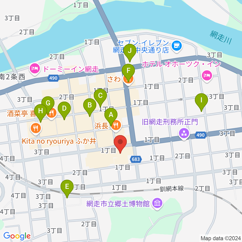 網走市立美術館周辺のカフェ一覧地図