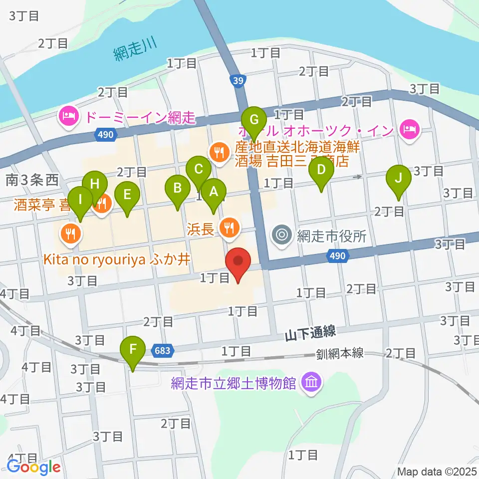 網走市立美術館周辺のカフェ一覧地図