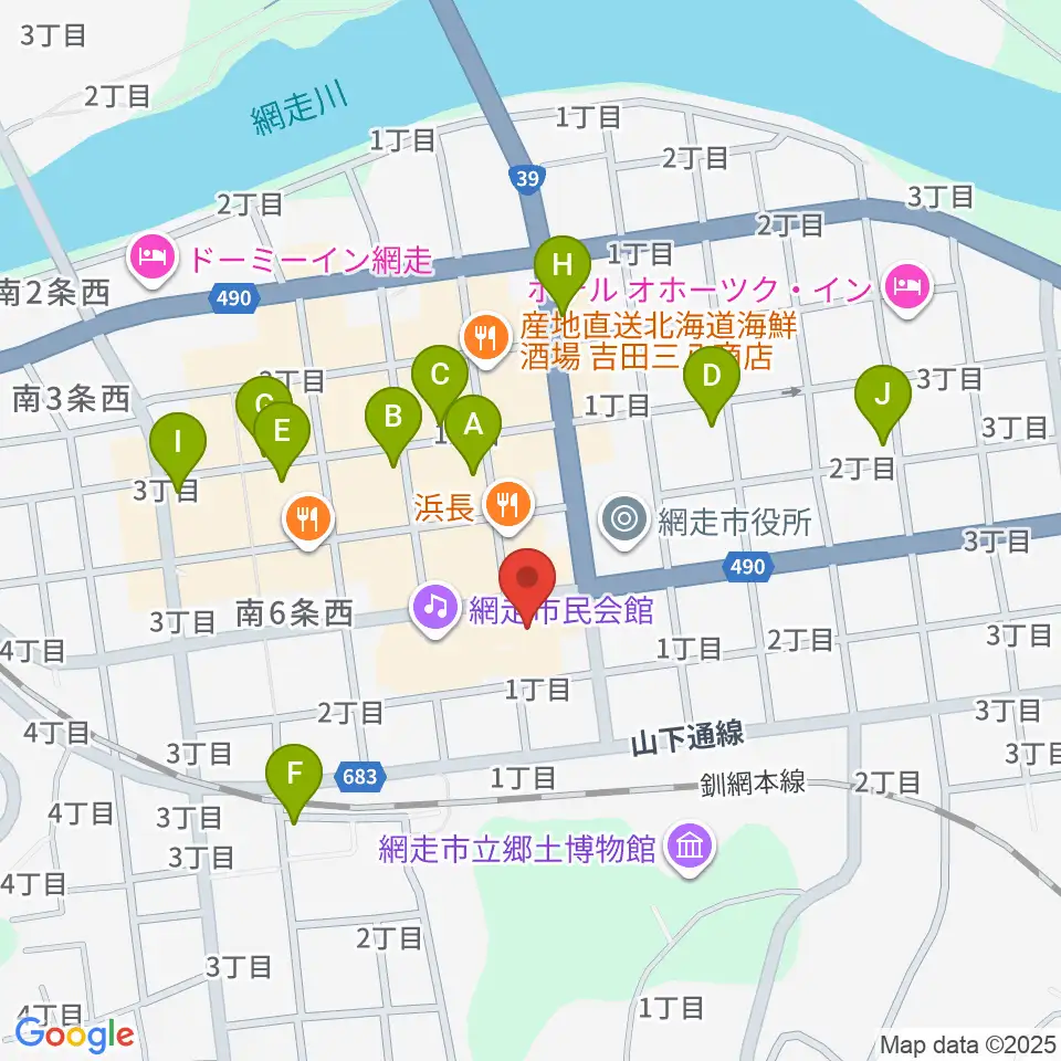 網走市立美術館周辺のカフェ一覧地図