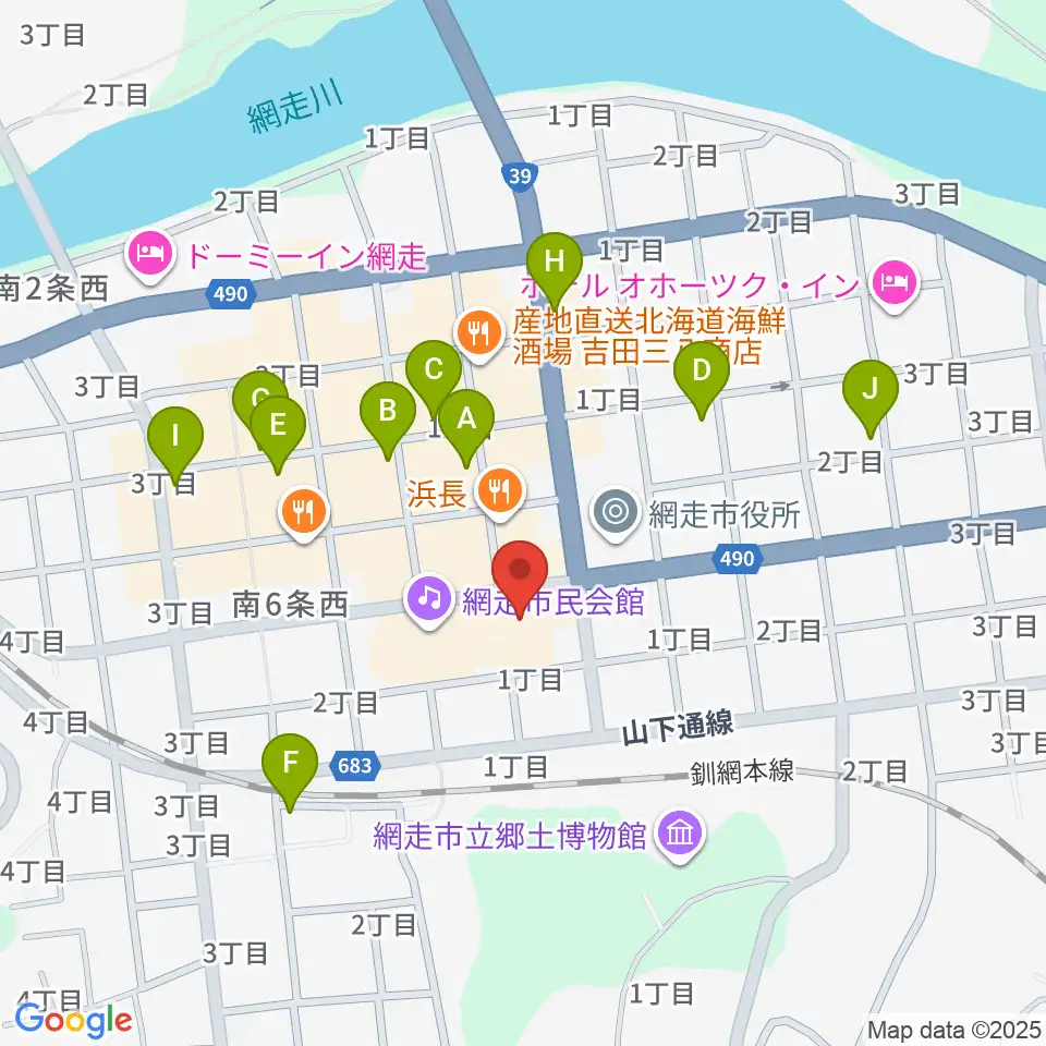 網走市立美術館周辺のカフェ一覧地図
