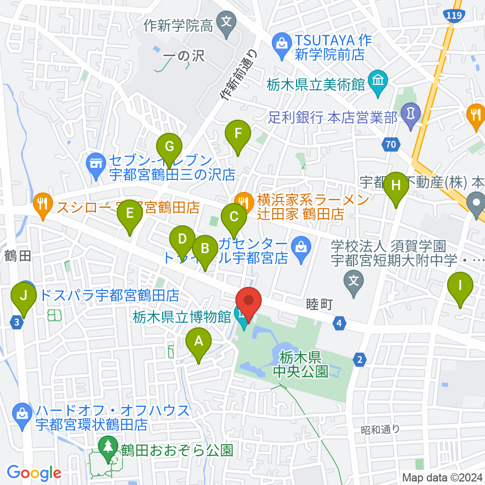 栃木県立博物館周辺のカフェ一覧地図