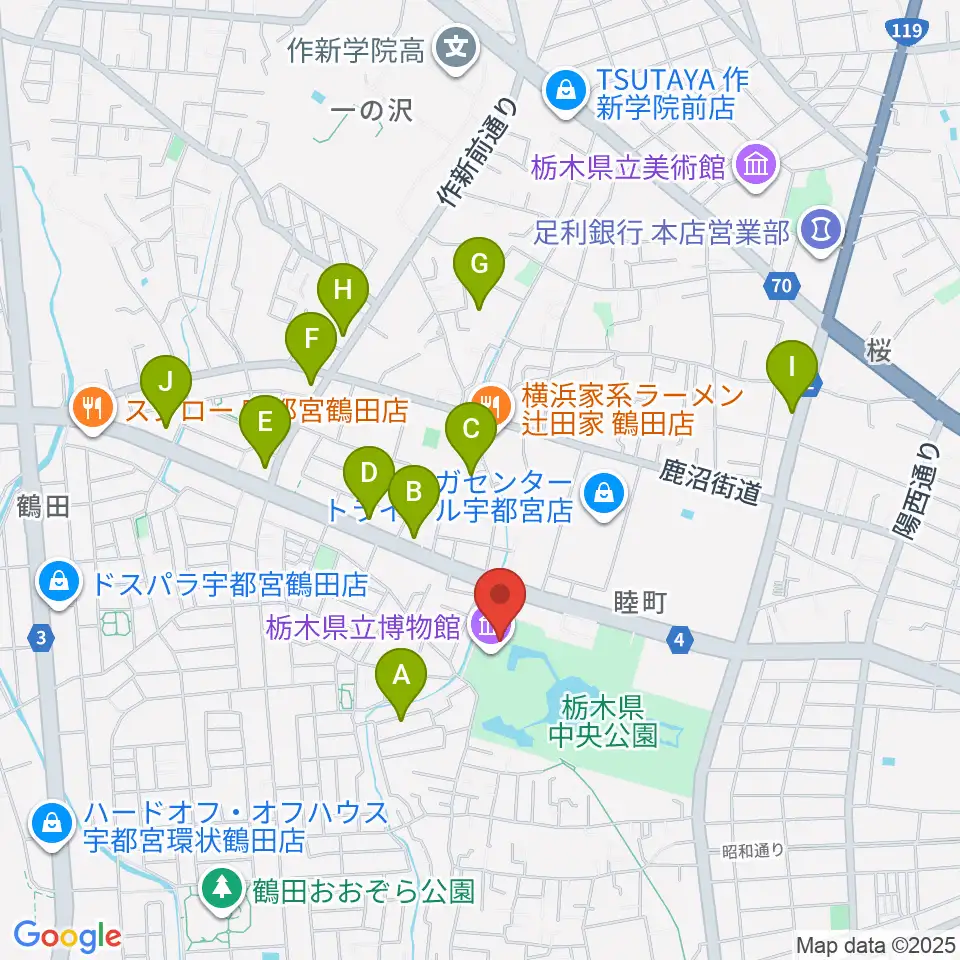 栃木県立博物館周辺のカフェ一覧地図