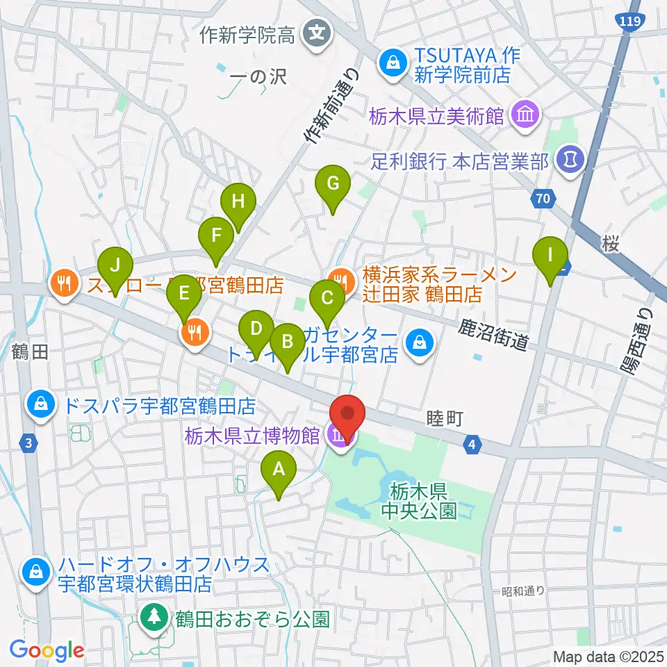 栃木県立博物館周辺のカフェ一覧地図