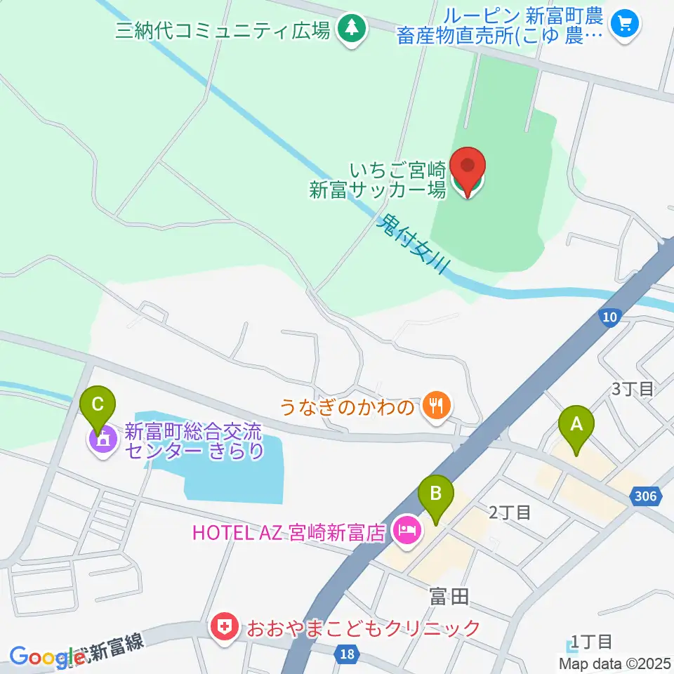 いちご宮崎新富サッカー場周辺のカフェ一覧地図