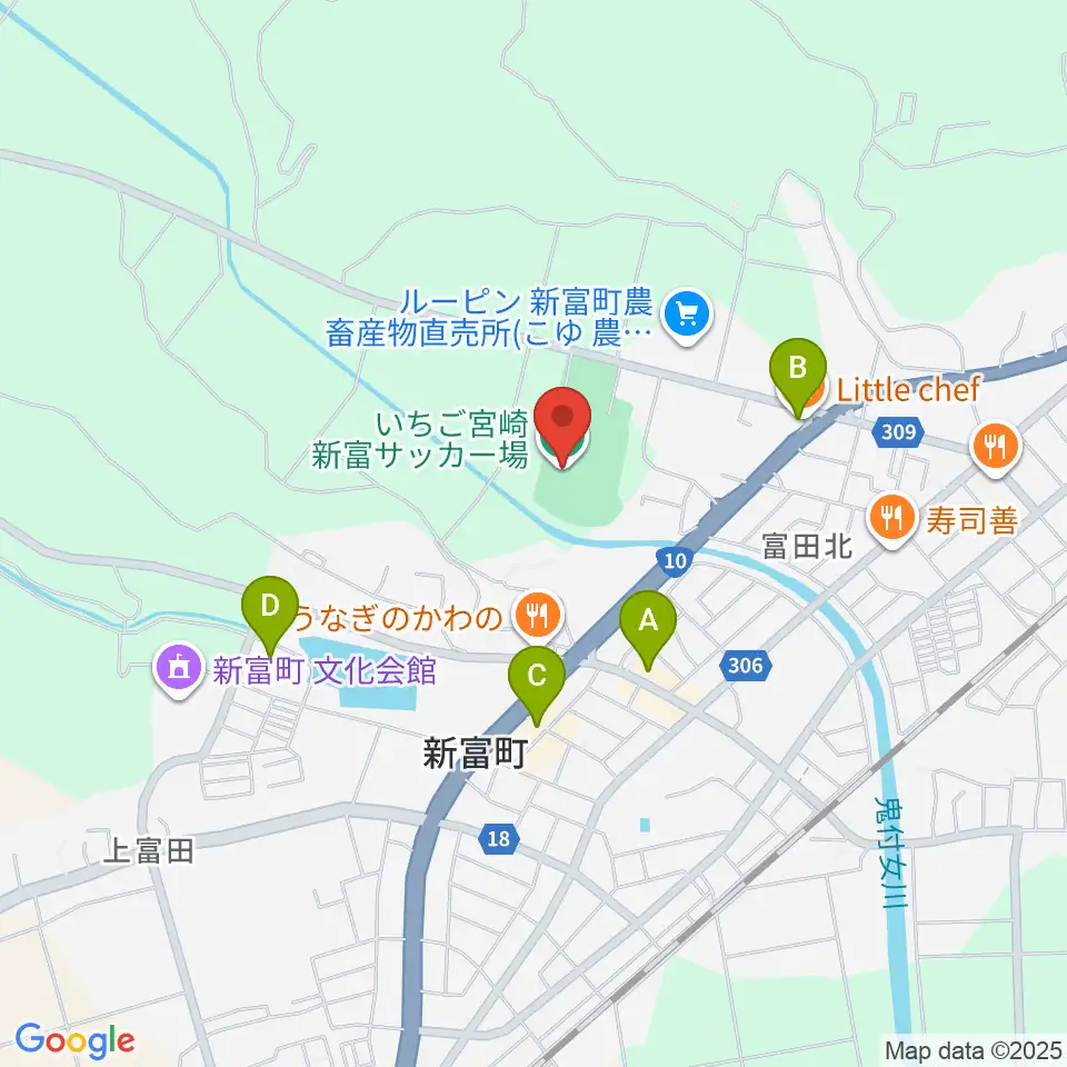 いちご宮崎新富サッカー場周辺のカフェ一覧地図