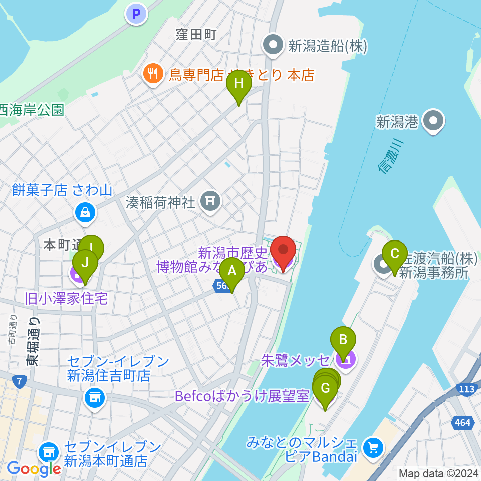 新潟市歴史博物館みなとぴあ周辺のカフェ一覧地図