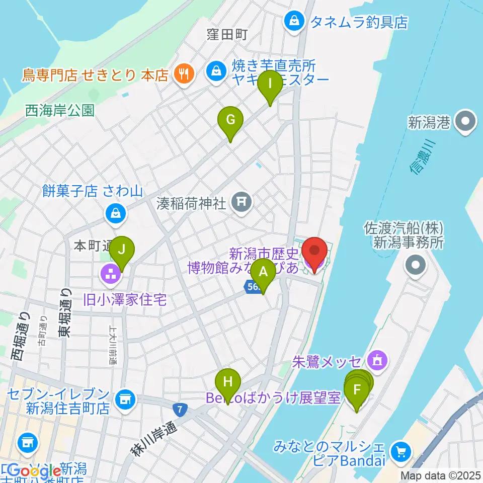 新潟市歴史博物館みなとぴあ周辺のカフェ一覧地図