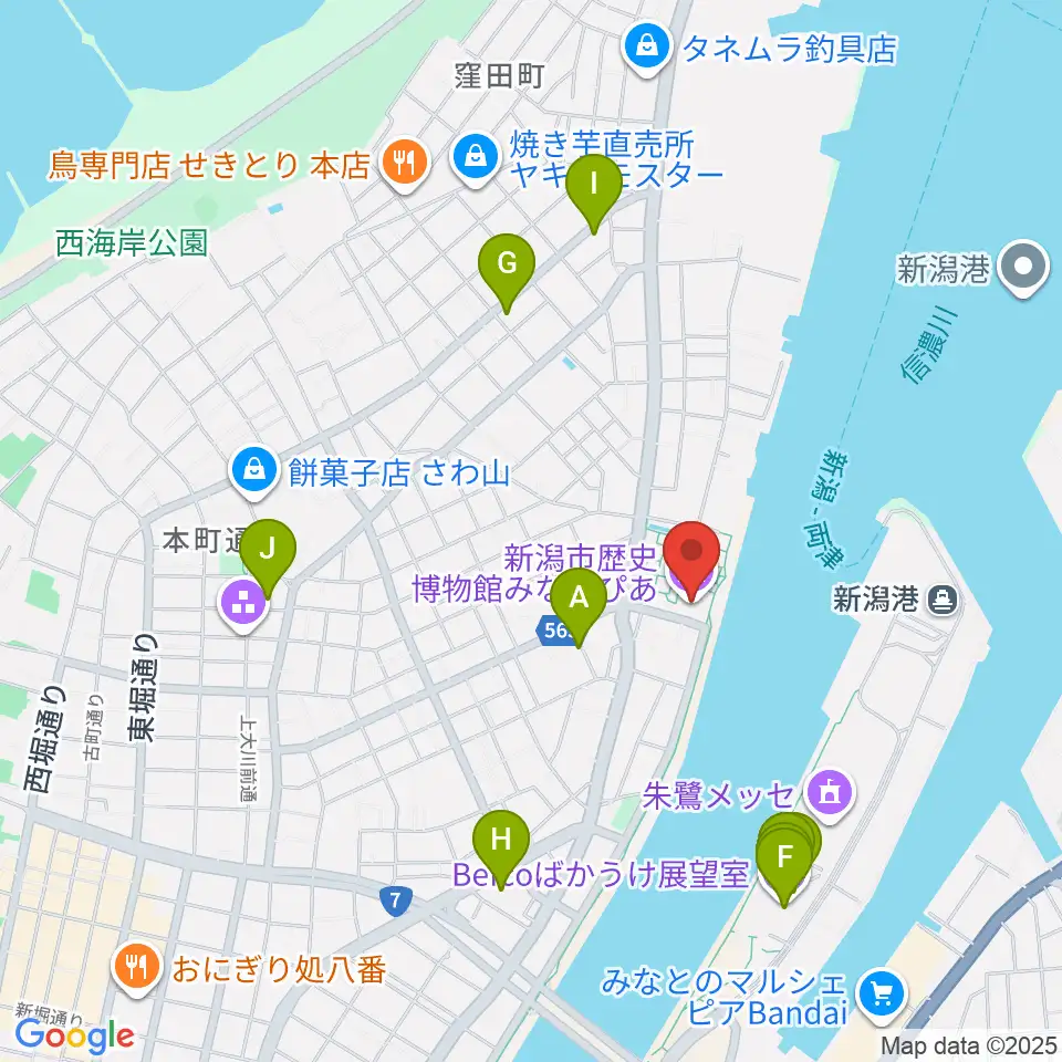 新潟市歴史博物館みなとぴあ周辺のカフェ一覧地図