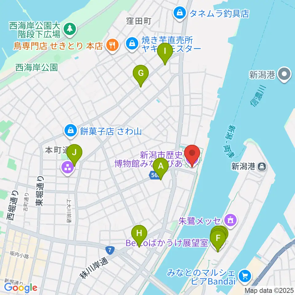 新潟市歴史博物館みなとぴあ周辺のカフェ一覧地図